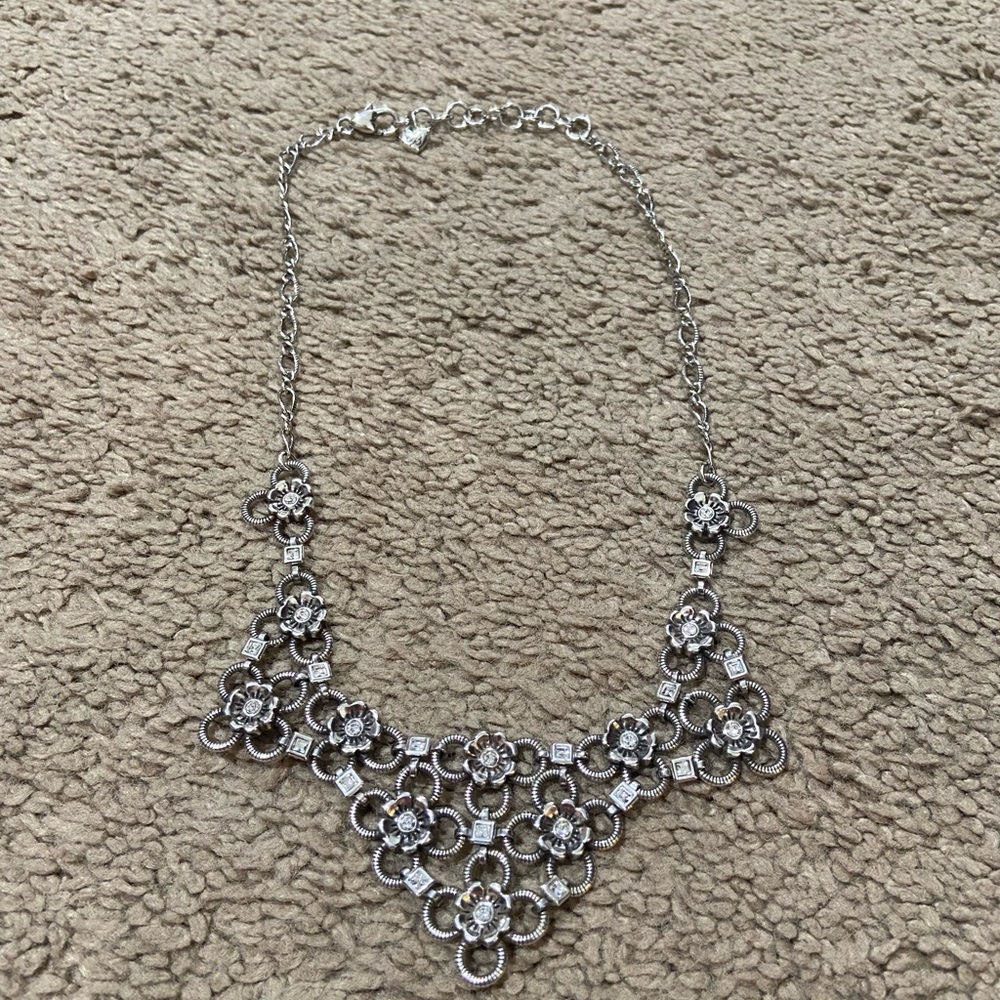 BRIGHTON Silver Toned Crystal Open Circle Flower Layered Drop Bib Necklace 18”
